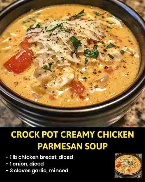 Crock Pot Creamy Chicken Parmesan Soup Who doesn't love a warm and comforting bowl of soup on a chil...