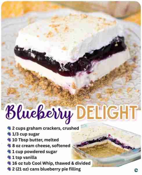 BLUEBERRY DELIGHT!!! An easy no-Bake blueberry dessert 💙💙💙 🫐 2 cups graham crackers, crushed 🫐...