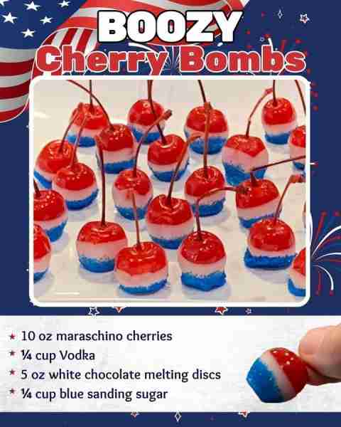 BOOZY CHERRY BOMBS! 10 oz maraschino cherries ¼ cup Vodka 5 oz white chocolate melting discs ¼ cup b...