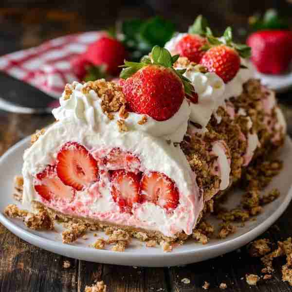 🍓 Strawberry Crunch Cheesecake Roll with Vanilla Cream Ingredients: For the Cake Roll: 4 large eggs...