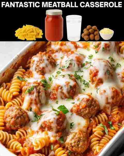 Dump and Bake Meatball Casserole 🍝🧆🧀 Ingredients * 16 ounces uncooked rotini pasta * 25 ounces ja...
