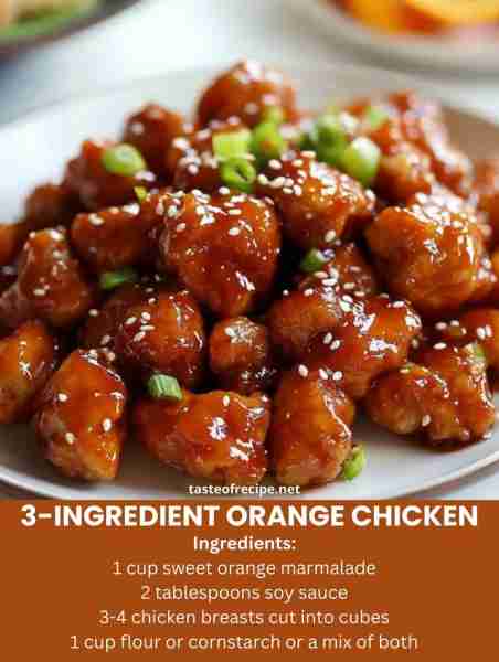 3-INGREDIENT ORANGE CHICKEN Ingredients: 1 cup sweet orange marmalade 2 tablespoons soy sauce 3-4 ch...