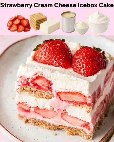 This Strawberry Cream Cheese Icebox Cake is the no-bake beauty of my dreams! 🍓💗 Creamy layers, fre...