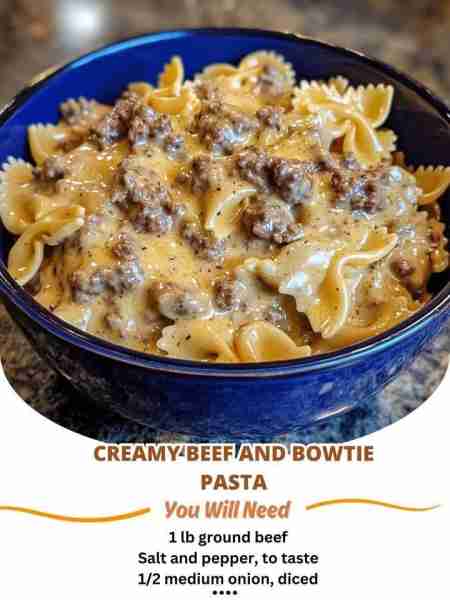 Creamy Beef and Bowtie Pasta Ingredients 1 lb ground beef Salt and pepper, to taste 1/2 medium onion...