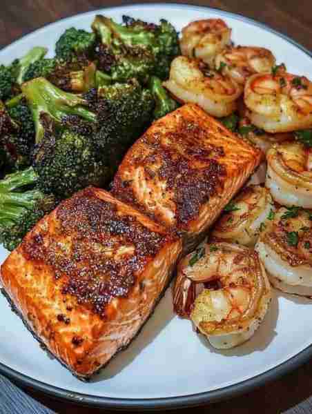 Cajun Salmon & Garlic Butter Shrimp with Roasted Broccoli 🥦 A flavorful seafood feast packed with b...