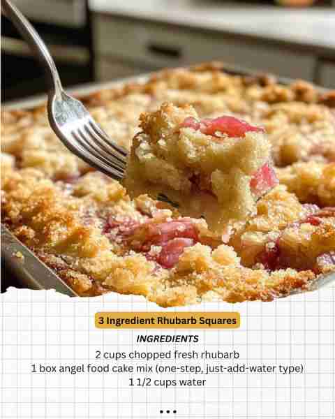 3 Ingredient Rhubarb Squares Ingredients: 2 cups chopped fresh rhubarb 1 box angel food cake mix (on...