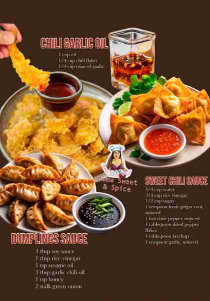 3 Spicy Sauces - Recipes 1. CHILI GARLIC OIL 1 cup oil 1/4 cup chili flakes 1/4 cup minced garlic 2....