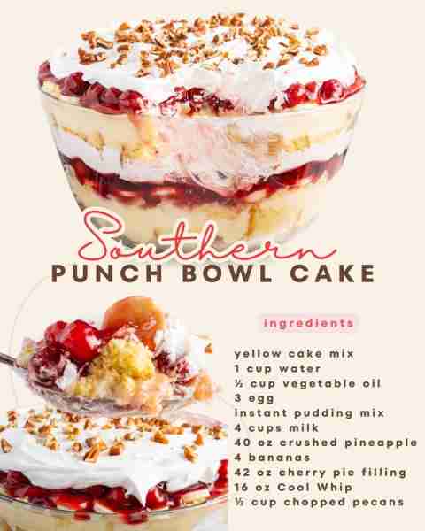 Southern Punch Bowl Cake!! Ingredients 15.25 oz yellow cake mix 1 cup water ½ cup vegetable oil 3 eg...