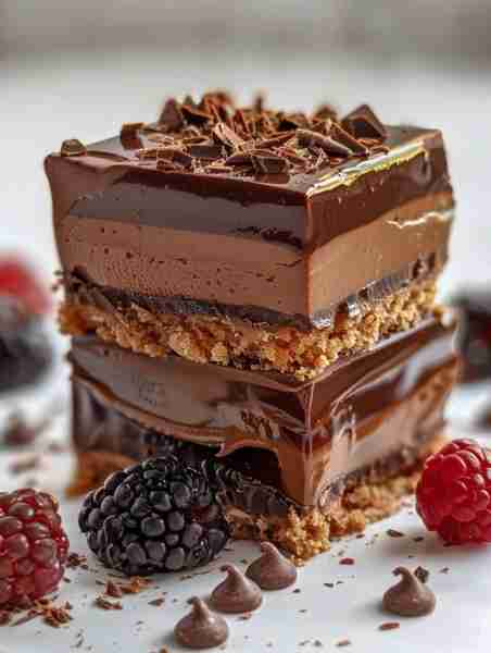 A delicious dessert with layers of chocolate, a creamy filling, and a buttery crust, topped with cho...