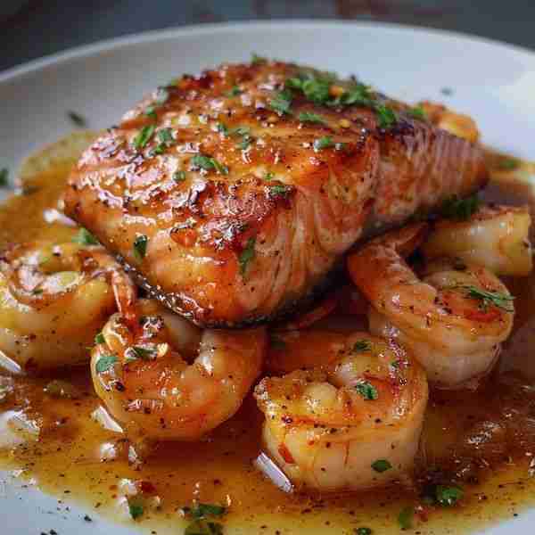 A delicious dish of pan-seared salmon paired with shrimp, garnished with fresh parsley and served in...