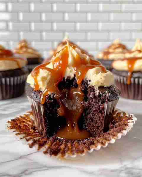 Moist Salted Caramel-Filled Chocolate Cupcakes Ingredients: For the Chocolate Cupcakes: 1 cup (125g)...
