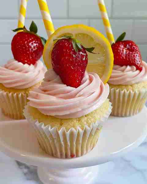 Strawberry Lemonade Cupcakes Ingredients: For the Lemon Cupcakes: 1½ cups (190g) all-purpose flour 1...