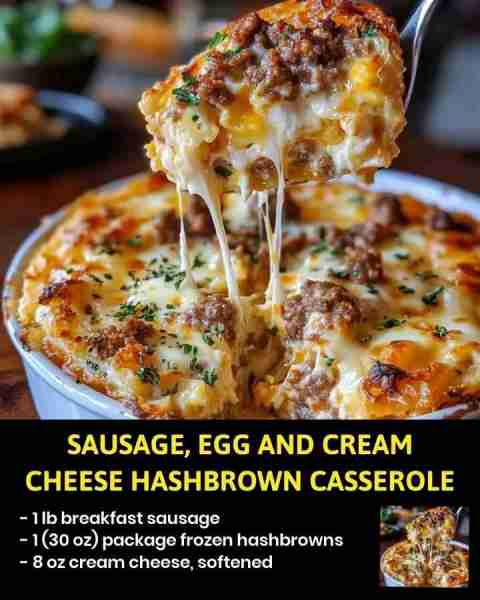 Sausage, Egg and Cream Cheese Hashbrown Casserole Ingredients: - 1 lb breakfast sausage - 1 (30 oz)...