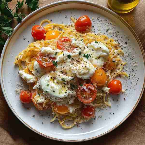 Creamy Breakfast Spaghetti Bowl 🍝🍳 A unique morning-meets-Italian fusion dish with fluffy scramble...