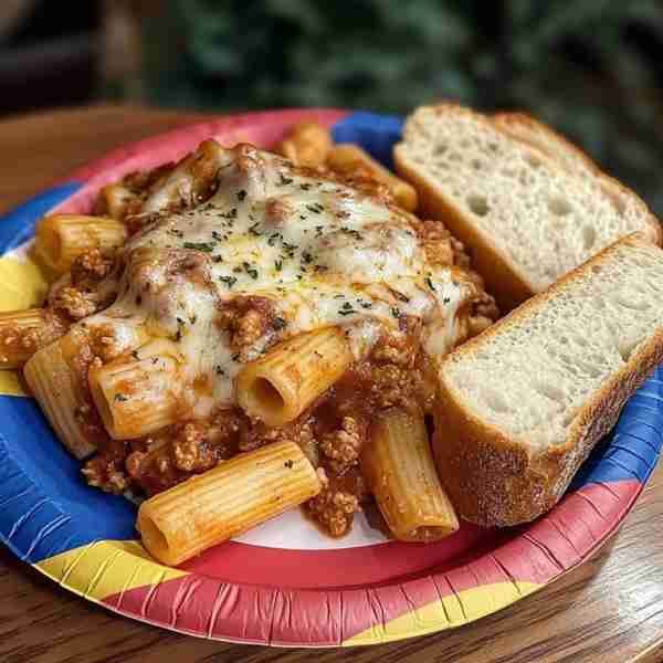 Cheesy Baked Rigatoni with Garlic Bread 🍝 A cozy, meaty pasta bake with bubbling cheese and golden...