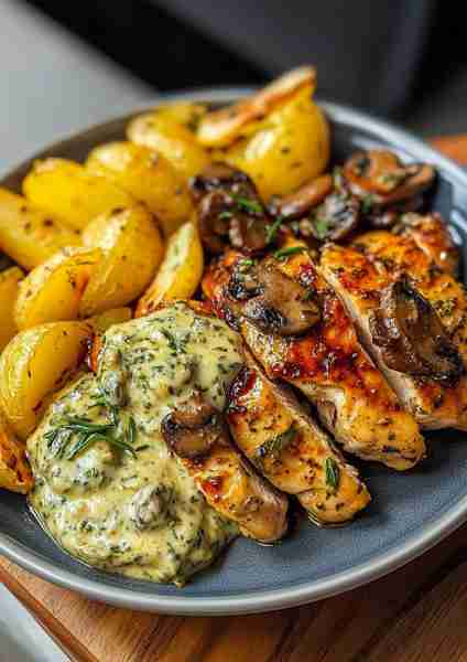 🍋🌿🐔 Greek Lemon Garlic Chicken with Truffle Mushroom Pesto Potatoes—a sophisticated Mediterranean...