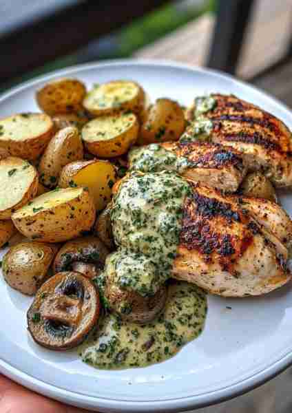 🌶️🌿🐔 Spicy Garlic Greek Chicken & Potatoes with Mushroom-Feta Pesto Sauce—a Mediterranean flavor e...