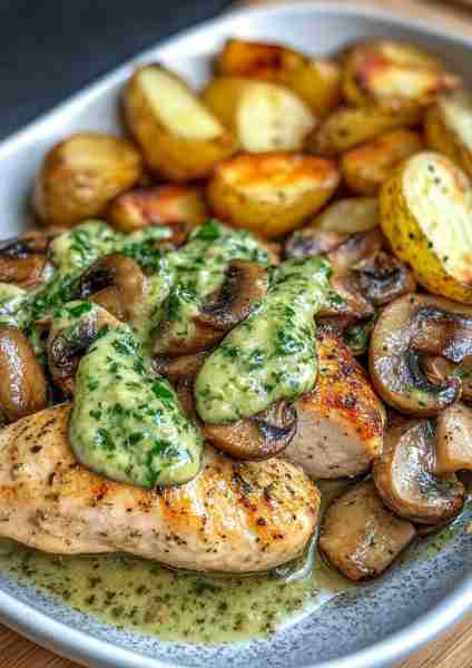 WHEN I SAY MOUTHWATERING I MEAN 😍😍😍>>>> Creamy Mushroom & Spinach Chicken with Avocado Pesto Pota...