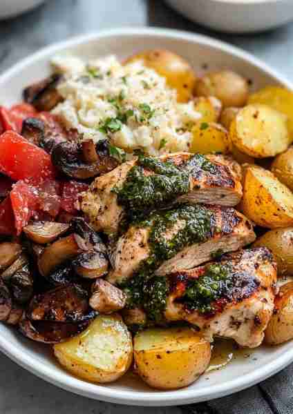 🧀🌿🐔 Greek Garlic Chicken Alfredo & Crispy Parmesan Potatoes with Mushroom Pesto—an ultra-rich and...