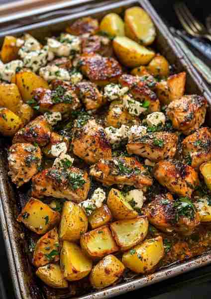 🇬🇷🍋🌿 Sheet Pan Greek Garlic Butter Chicken and Potatoes—a delicious and convenient meal featuring...