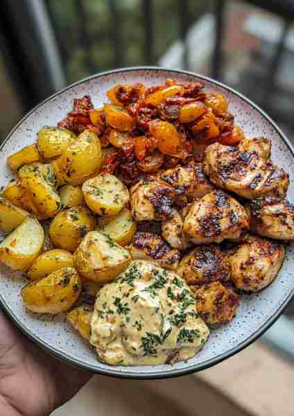 🍅🌿🐔 Tuscan Garlic Chicken & Roasted Potatoes with Sun-Dried Tomato Mushroom Pesto Cream—a delight...
