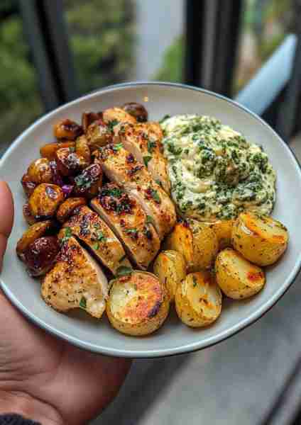 🌰🌿🐔 Chestnut Garlic Chicken & Crispy Sage Potatoes with Mushroom Pesto Cream—an autumnal delight...