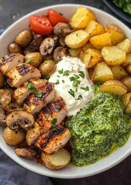 🌿🐔 Greek Garlic Chicken & Roasted Potatoes with Spinach & Mushroom Pesto Cream—a vibrant and whole...