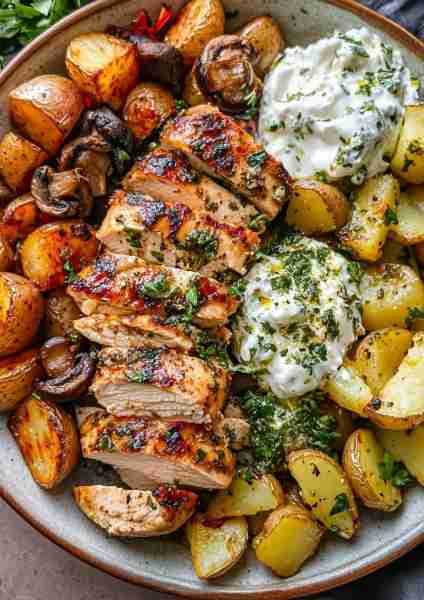 🥥🌿🐔 Greek Garlic Chicken with Roasted Potatoes & Creamy Coconut Mushroom Pesto—a Mediterranean-in...