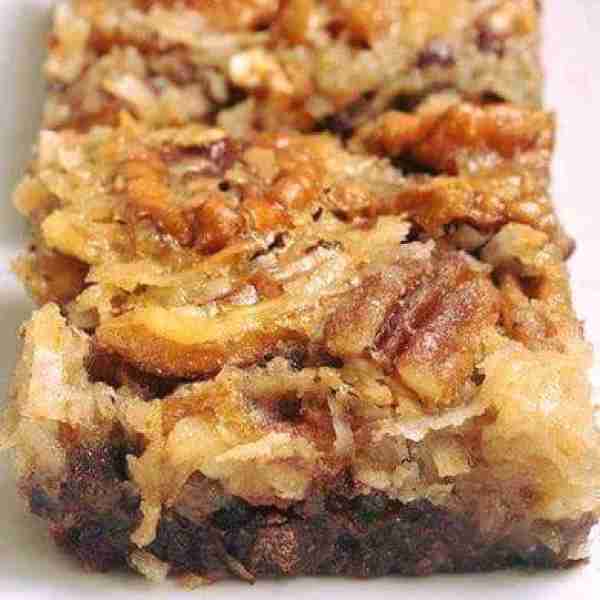 German Chocolate Pecan Pie Bars Ingredients 3 cups pecan halves 1 & 3/4 cups all-purpose flour 3/4 c...