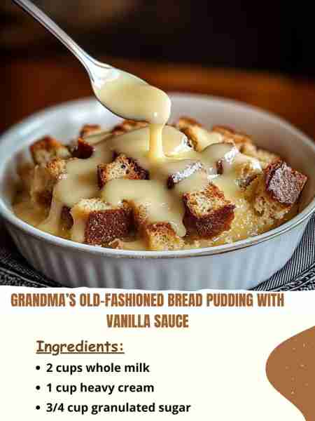 Grandma’s Old-Fashioned Bread Pudding with Vanilla Sauce Ingredients 2 cups whole milk 1 cup heavy c...
