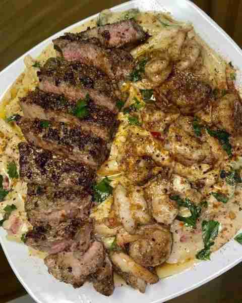 Cajun Shrimp and Steak Alfredo Pasta A flavorful and satisfying dish that combines the spice of Caju...