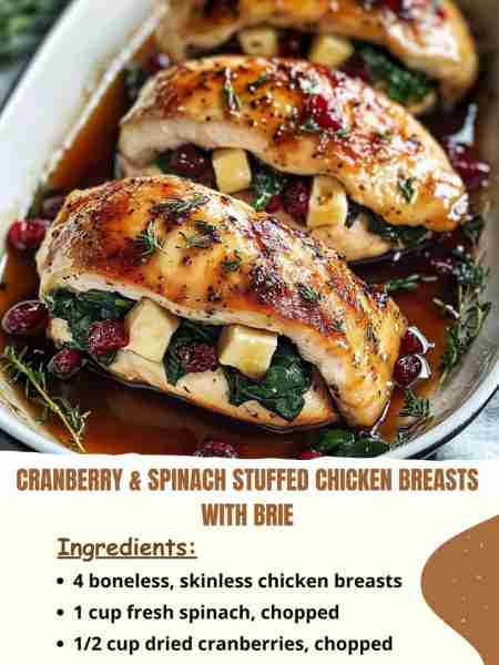 Cranberry & Spinach Stuffed Chicken Breasts with Brie Ingredients 4 boneless, skinless chicken breas...