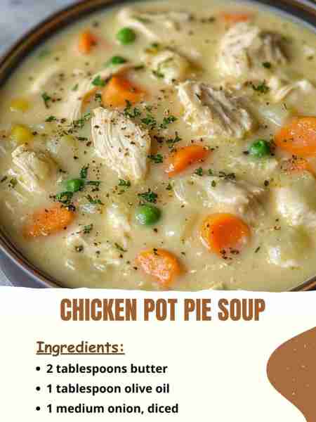 Chicken Pot Pie Soup Ingredients 2 tablespoons butter 1 tablespoon olive oil 1 medium onion, diced