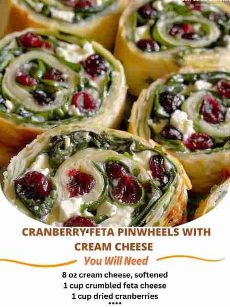 Cranberry Feta Pinwheels Ingredients: - 1 package of cream cheese, softened - 1 cup of crumbled feta...