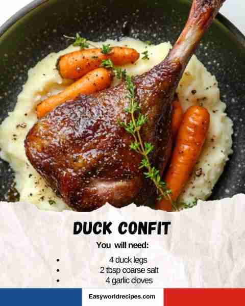 🦆 Duck Confit 🇫🇷🔥 Slow-cooked duck legs with crisped skin and garlic—rustic elegance on a plate!...