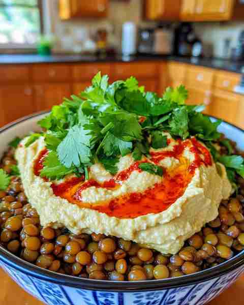 Easy Sautéed Lentils Served with Hummus and Chili Oil Drizzle ✨🌱 ingredients: One 15-ounce can (42...