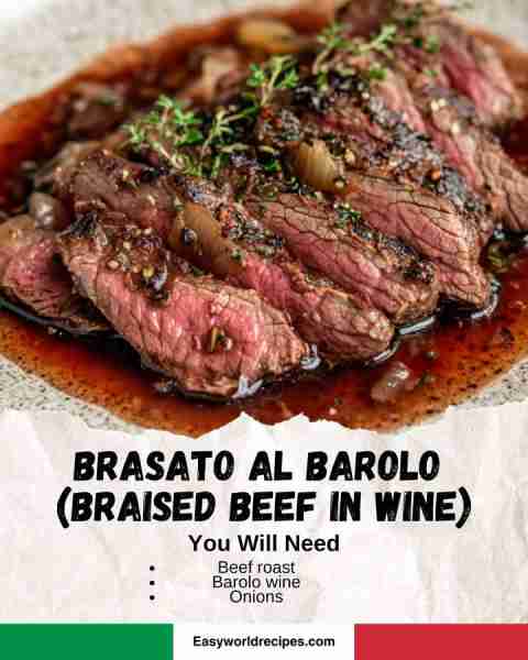 🇮🇹 Brasato al Barolo (Braised Beef in Wine) 🍷 Tender beef slow-cooked in Barolo wine with herbs and...
