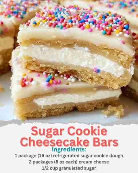 Sugar Cookie Cheesecake Bars Ingredients: 1 package (16 oz) refrigerated sugar cookie dough 2 packag...