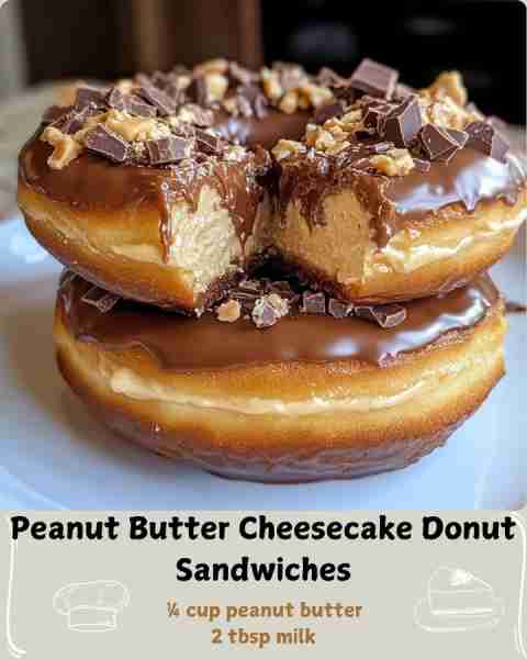 🍨 Peanut Butter Cheesecake Donut Sandwiches 🍩 Ingredients: 4 chocolate glazed donuts ½ cup creamy...