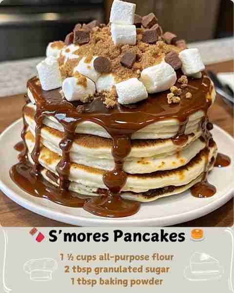 🍫 S’mores Pancakes 🥞 Ingredients: 1 ½ cups all-purpose flour 2 tbsp granulated sugar 1 tbsp baking...