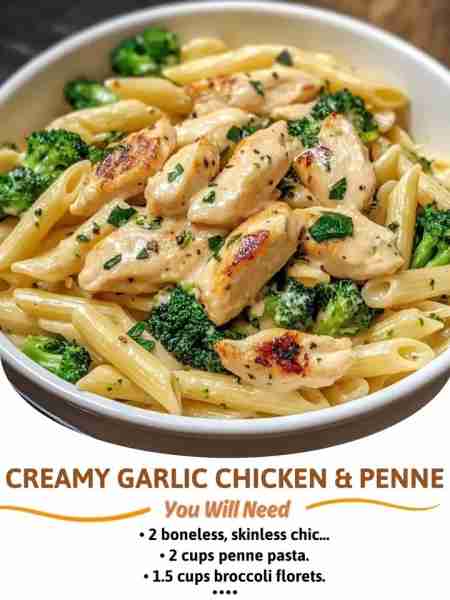 Creamy Garlic Chicken & Penne Creamy garlic chicken pasta with broccoli, made in 30 minutes for the...