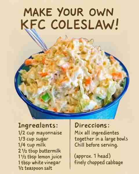 Homemade KFC Coleslaw - Cabbage: 1 small head, finely shredded - Carrots: 2, grated - Onion: 1/2, fi...