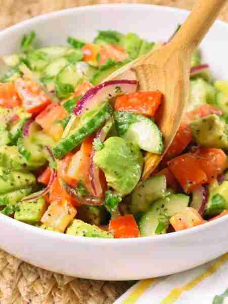 Avocado Cucumber Salad Ingredients: 2 ripe avocados, diced 1 cucumber, chopped 1 cup cherry tomatoes...