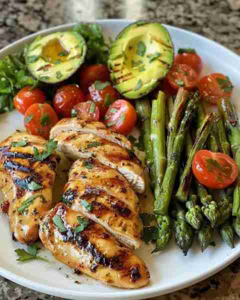 Grilled Chicken Veggie Plate Juicy grilled chicken breasts served with charred asparagus, sweet cher...