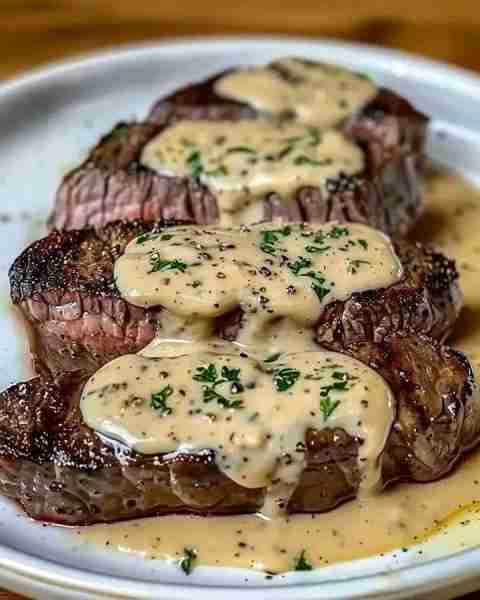 Juicy steak with creamy garlic sauce 🥩🧄 Ingredients : - 4 beef steaks (sirloin or sirloin) 2 ta...