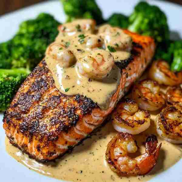 Grilled Salmon and Shrimp with Creamy Sauce 🍣🍤 A perfect combination of grilled salmon and shrimp,...