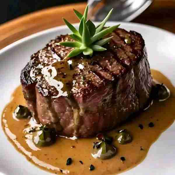 Succulent Filet Mignon Drizzled with Brandy Peppercorn Sauce Recipe: Ingredients: For the Peppercorn...