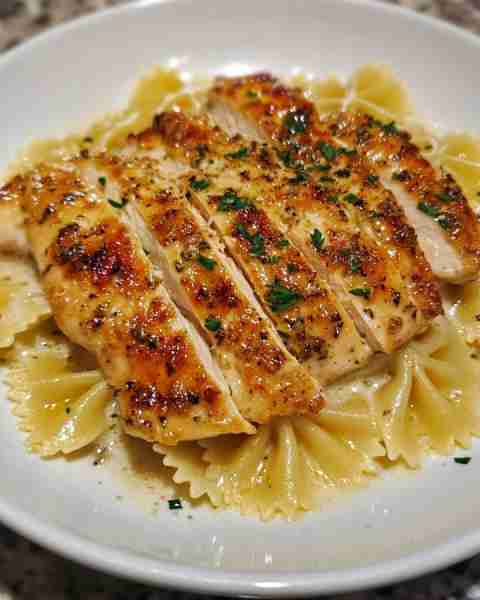 Zesty Lemon Garlic Chicken & Creamy Bowtie Pasta Ingredients: For the Chicken: 1.5 lbs boneless, ski...