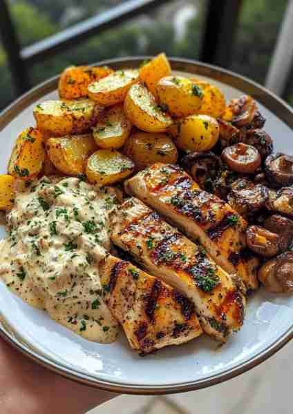 🥥🌿🐔 Coconut Garlic Greek Chicken with Roasted Potatoes & Creamy Mushroom Basil Pesto—a Mediterran...