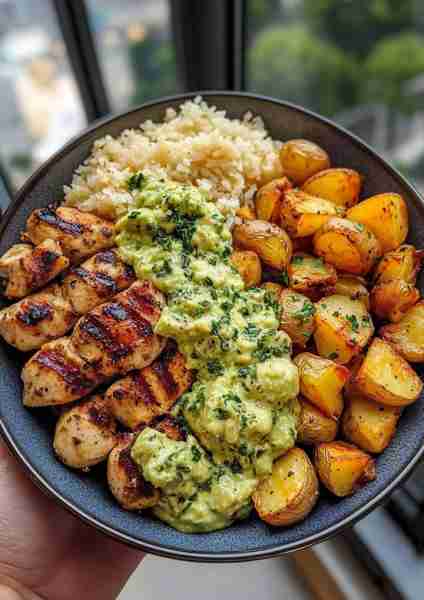 🥑🌿🐔 Greek Garlic Chicken Bowl with Avocado Mushroom Pesto & Roasted Potatoes with Coconut Rice—a...